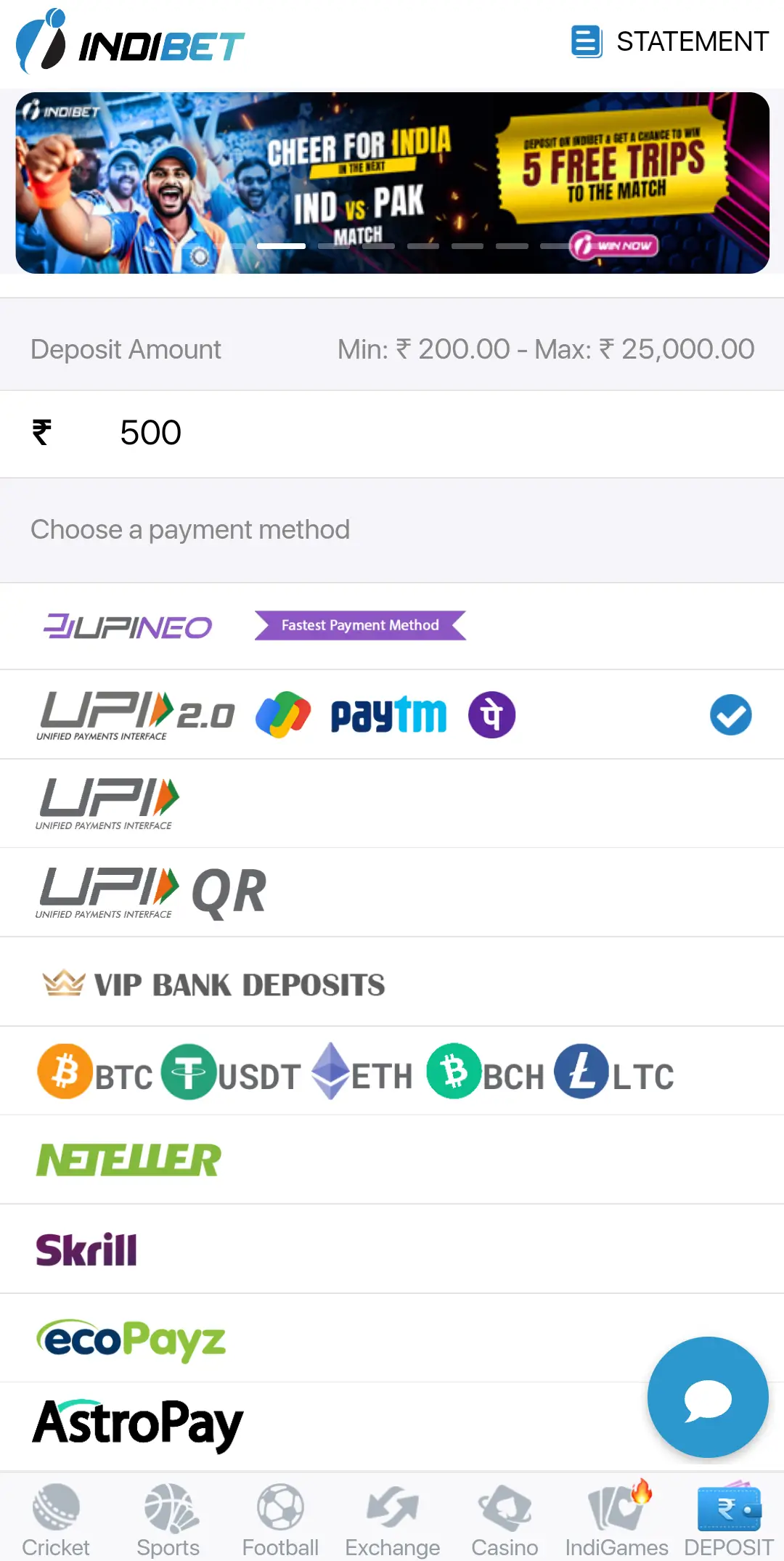 Screenshot of Payment Options at Indibet