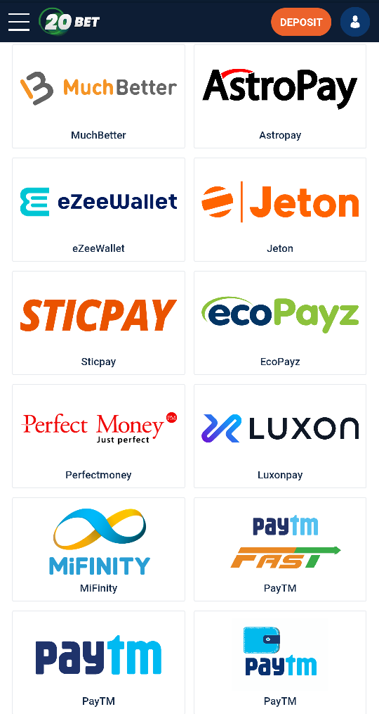 e-wallet Deposit Methods on 20Bet