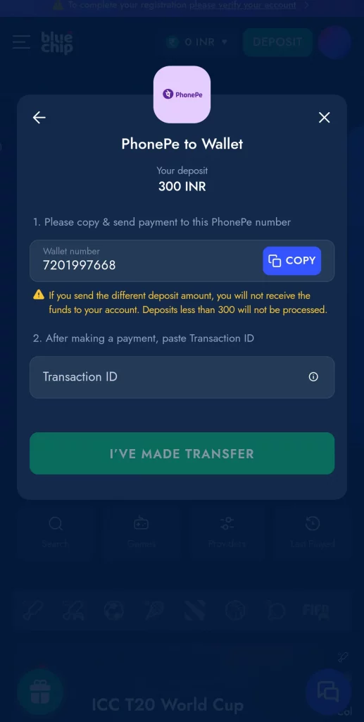 Deposit from PhonePe to Wallet at Bluechip