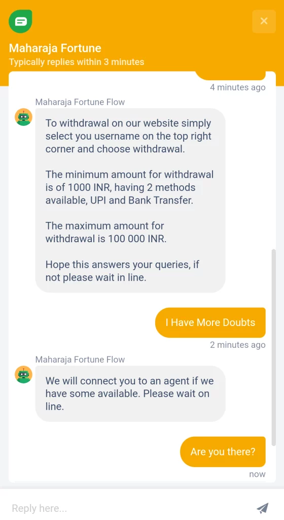 Screenshot of live chat at Maharaja Fortune