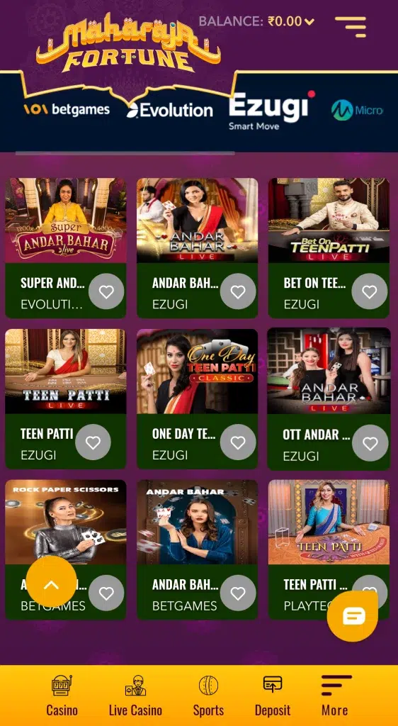 Screenshot of Teen Patti & Andar Bahar Games at Maharaja Fortune Casino