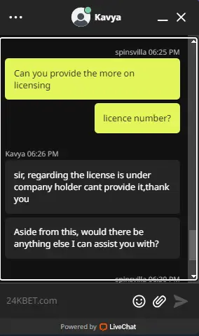 Screenshot of Live Chat Customer Support at 24kBet