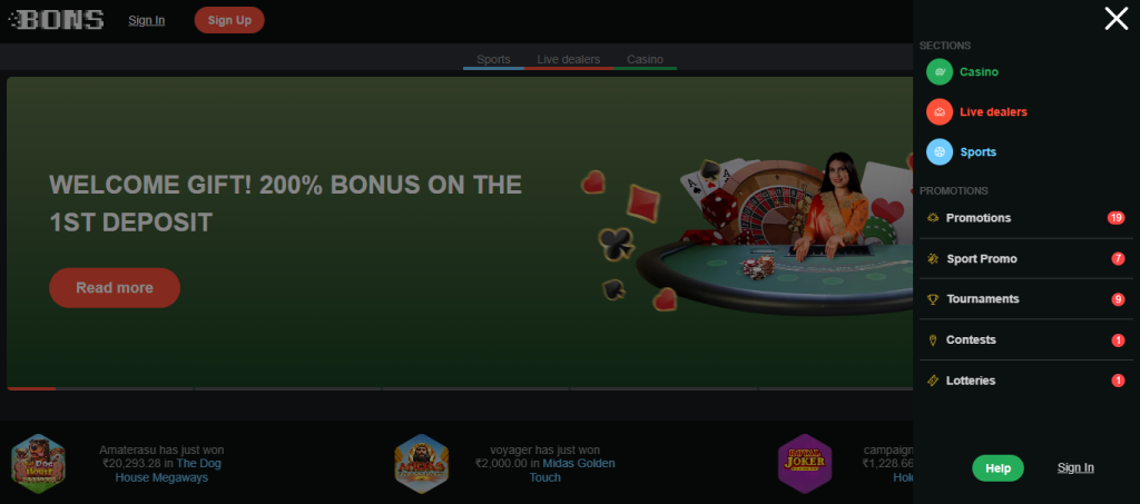 Bons Casino Website Interface and Navigation