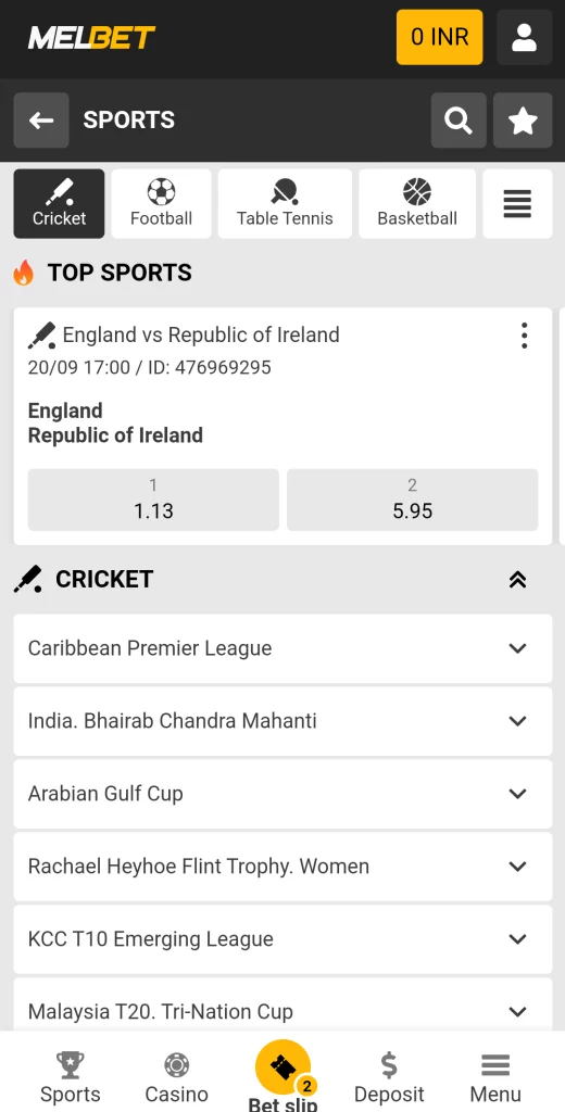 Screenshot of Cricket Betting at Melbet