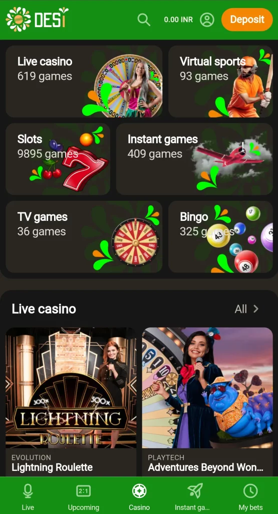 Screenshot of Game Selection at Desi Casino: