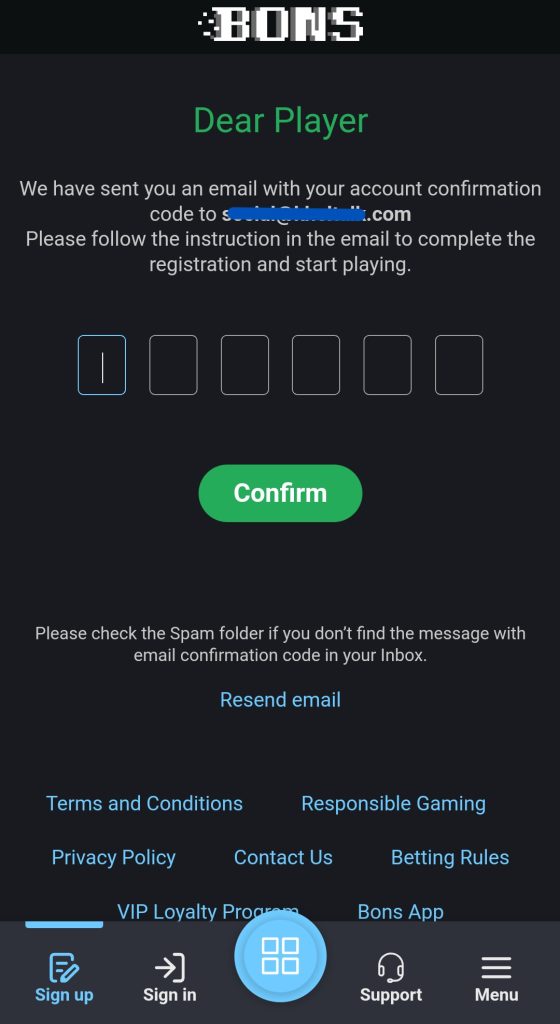 Bons Casino email account confirmation Code