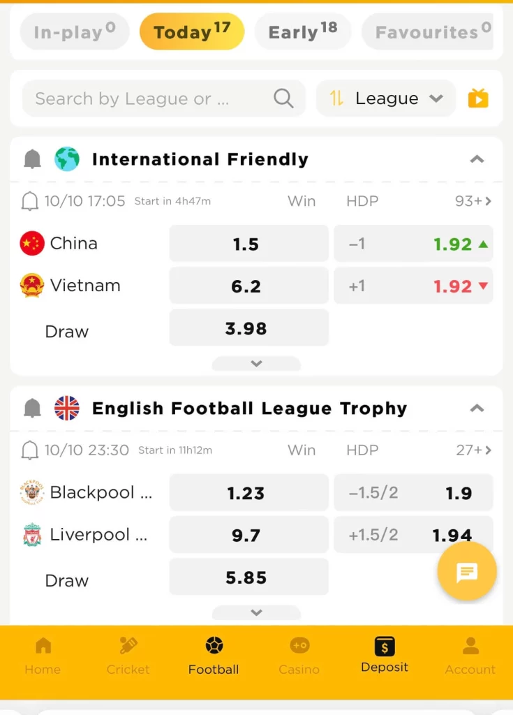 Screenshot of Football Betting at Indibet