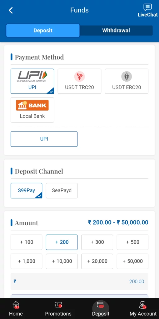 Screenshot of Available Deposit Methods at Crickex