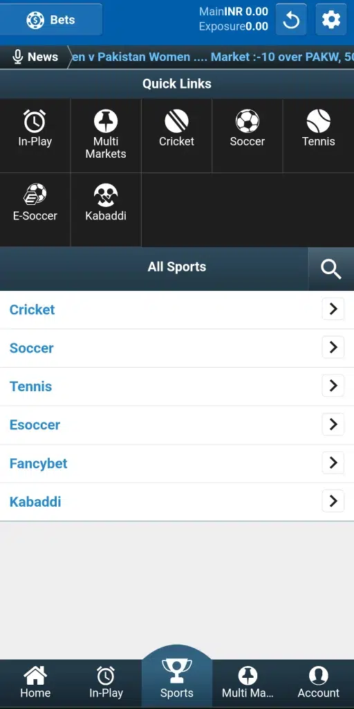 Screenshot of Sports Betting at Crickex