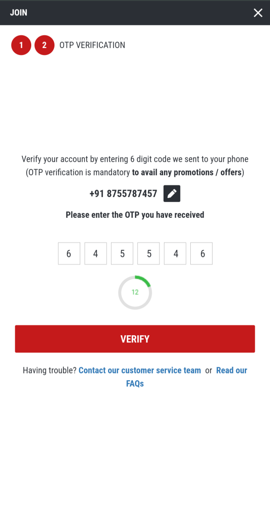 Screenshot of mobile verification via OTP