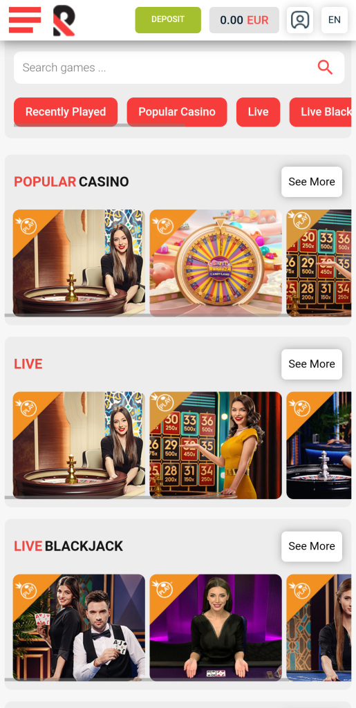 Screenshot of Live Casino Games at Rolletto
